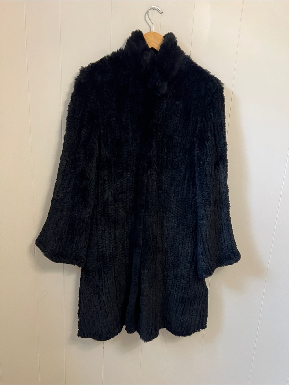 Max Studio Special Edition Black Knitted Genuine Rabbit Fur Mid Length Coat S